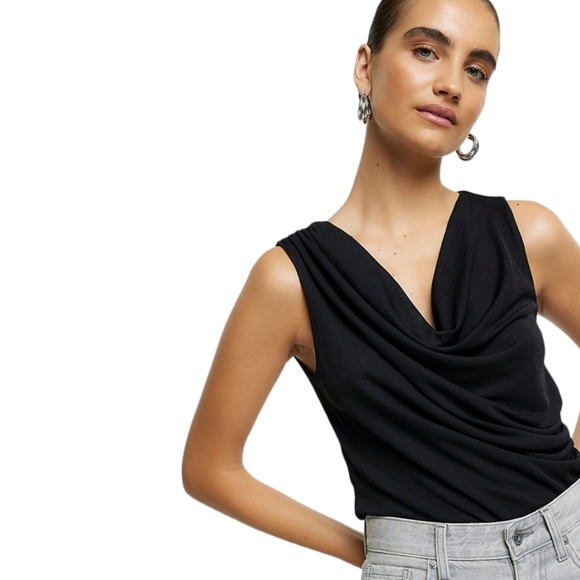 Vintage LOFT Cowl Neck Drapey Black Stretchy Top - Picture 12 of 12